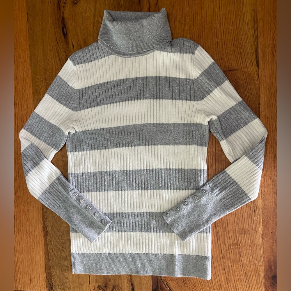 Talbots Ivory & Gray Striped Stretch Cotton Blend Turtleneck Sweater, Size Small